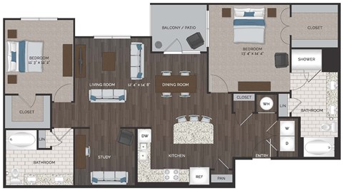 A floor plan of an apartment with a living room, dining room, kitchen, study, bedrooms, bathrooms, and a balcony.